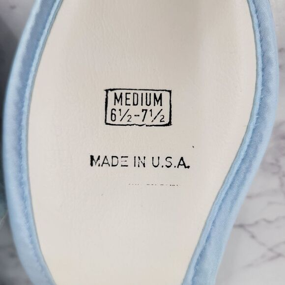 Vintage Blue Satin and Lace Women's House Slippers 60s Peep Toe - Picture 7 of 12